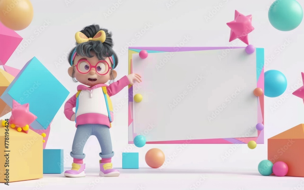 3D cartoon character smiling girl with brown skin holding a blank whiteboard 3D cartoon character smiling girl with brown skin holding a blank whiteboard