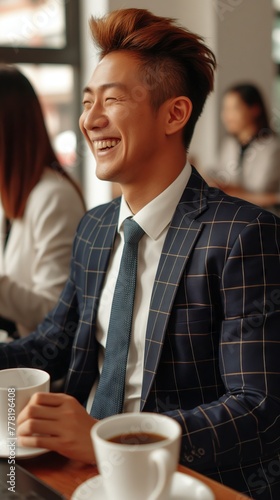 A handsome young Chinese man in a suit is smiling and holding coffee while sitting at his desk, with a laptop on the table. created by ai © gustav