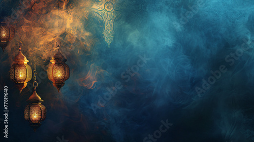 Ethereal lanterns glow amidst mystical smoke, casting an enchanting spell of light and shadow. photo