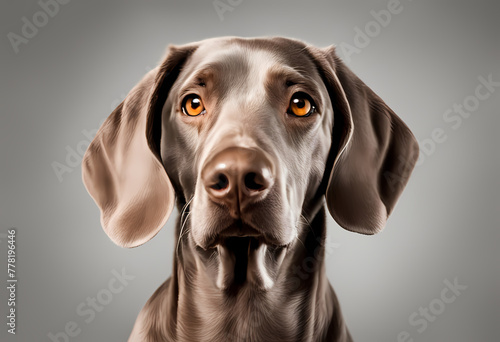 Cute playful doggy or pet is playing and looking happy isolated on transparent background. Brown weimaraner young dog is posing. Cute, happy crazy dog headshot.