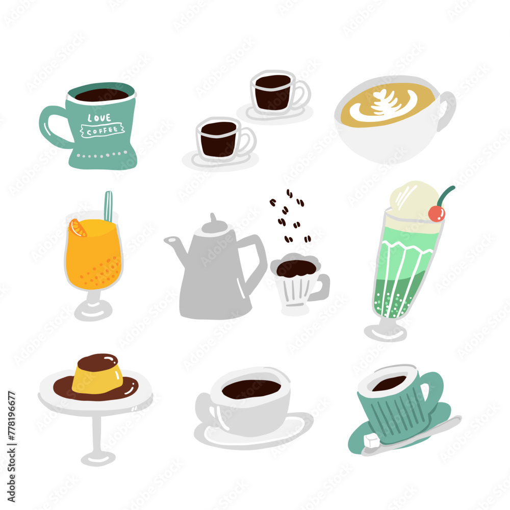色々なコーヒーとカフェドリンクのイラストセット