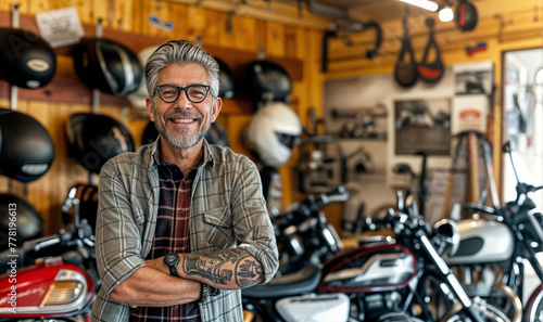 motorcycle shop owner with bikes in the background, biker man in his 50s looking at the camera, entrepreneur portrait 