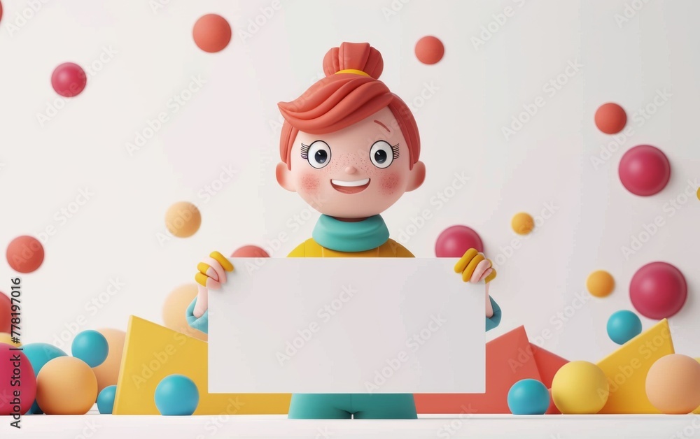 Fototapeta premium 3D cartoon character smiling girl with brown skin holding a blank whiteboard