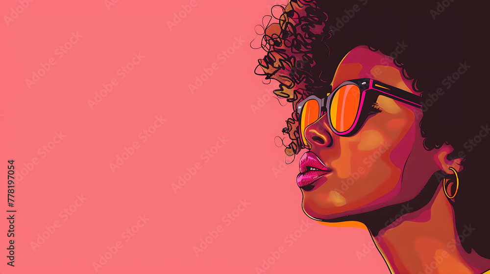 African woman banner with afro hair illustration for fashion with copy space on pink background. generative ai African woman banner with afro hair illustration for fashion with copy space on pink background. generative ai
