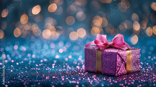 A sparkling purple gift box tied with a golden ribbon, set against a bokeh light background.