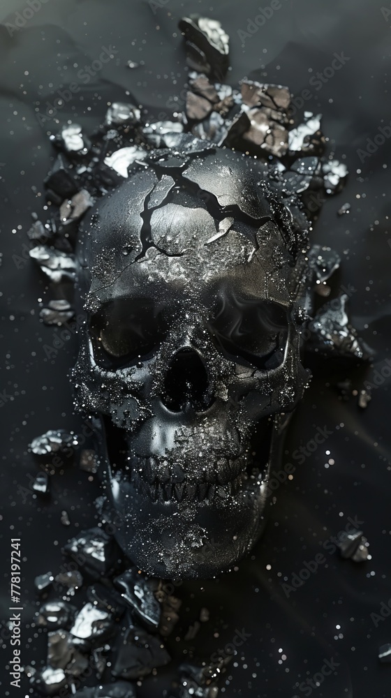 black skull with pieces of crystals on a black background with fog. black skull with pieces of crystals on a black background with fog.