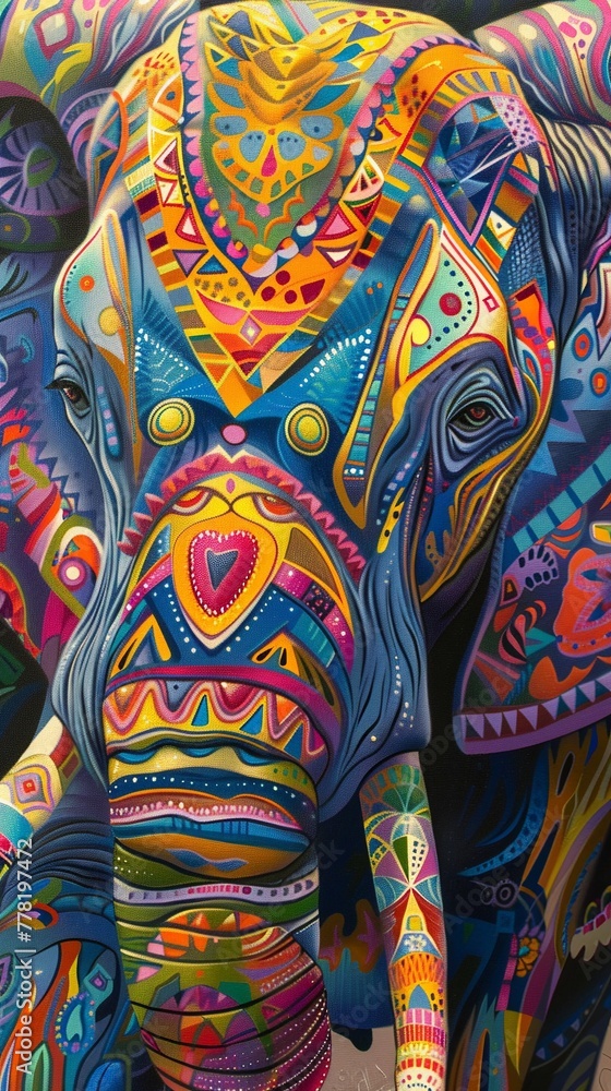 Fototapeta premium Boldly painted closeup of an elephant with intricate patterns and vibrant colors