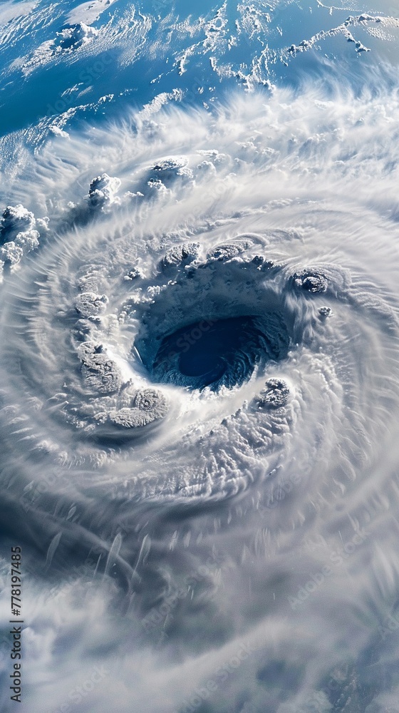 The intricate cloud patterns and eye of the storm in a satellite view of a massive hurricane as it sweeps across the ocean