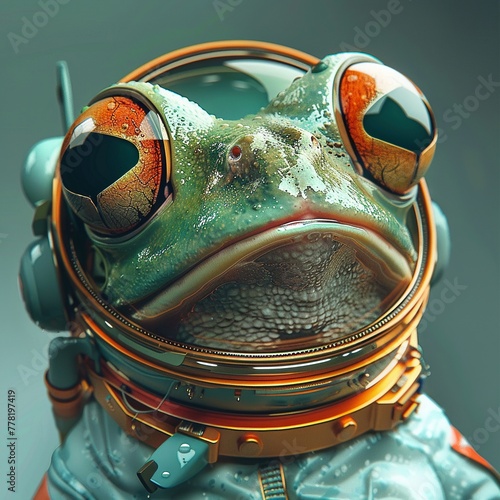 A frog astronaut, with a reflection of Earth in its wide, curious eyes photo