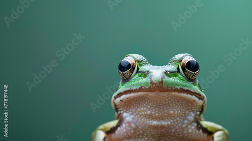 Close-up of a green frog with large, black eyes against a muted green background, showcasing detailed skin texture