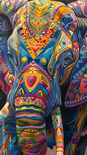 Boldly painted closeup of an elephant with intricate patterns and vibrant colors