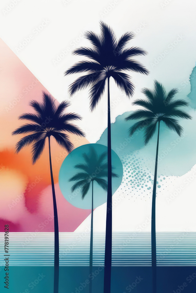 Silhouettes of palm trees in minimalistic style in water color painting.