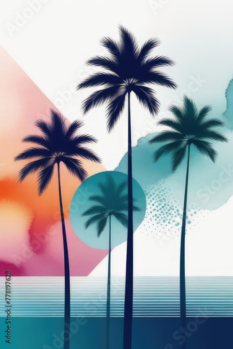 Silhouettes of palm trees in minimalistic style in water color painting.