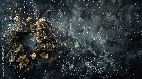 wreath of dried flowers on a black background.