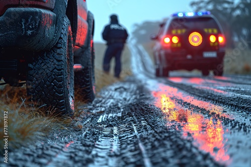 A police officer assisting a stranded motorist with a flat tire on a remote country road