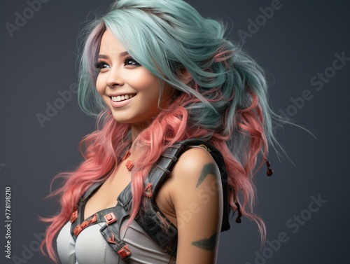 Smiling Woman With Pink and Blue Hair