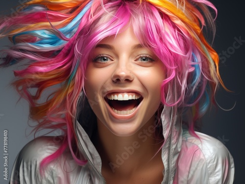 Smiling Woman With Pink color Hair in color clothing