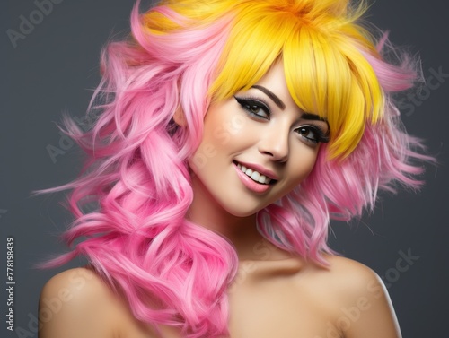 Smiling Woman With Pink color Hair in color clothing