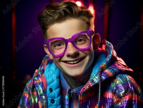 Young Man Wearing Purple Glasses and Smiling