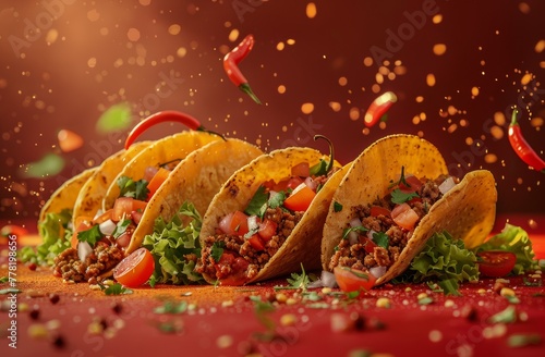 Mexican beef tacos with chopped tomatoes, lettuce, and spices on a vibrant red background.