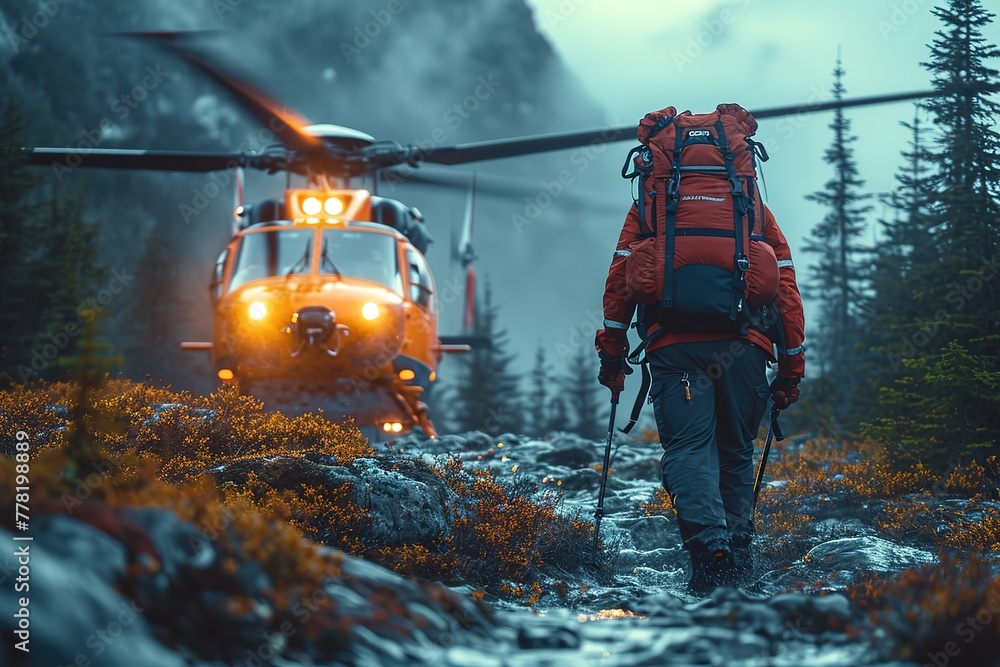 A rescue helicopter airlifting an injured hiker from a remote wilderness area A rescue helicopter airlifting an injured hiker from a remote wilderness area