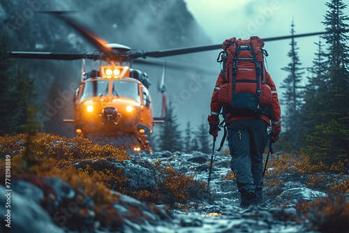 A rescue helicopter airlifting an injured hiker from a remote wilderness area