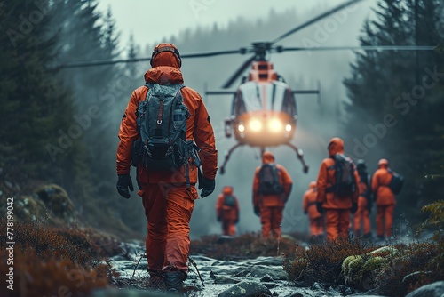 A rescue team using a helicopter with infrared technology to locate a missing person in a forest