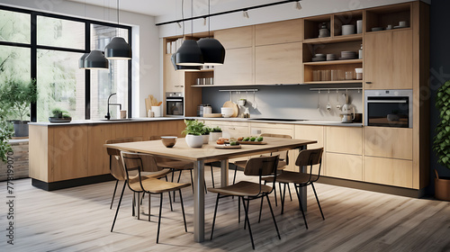 Spacious kitchen with wooden elements and vibrant accents in Scandinavian style.