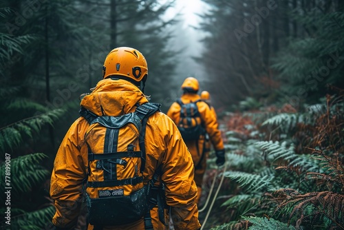 A search and rescue dog team locating a missing person in a dense forest photo