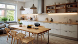 Spacious kitchen with wooden elements and vibrant accents in Scandinavian style.