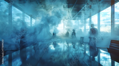 Ethereal Boardroom Figures Merging with Visionary Atmosphere
