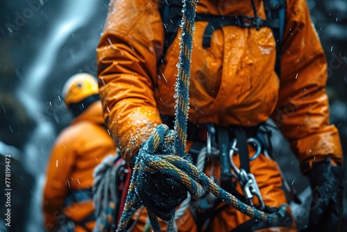 A search and rescue team using ropes and harnesses to access a stranded climber