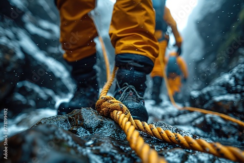 A search and rescue team using ropes and harnesses to access a stranded climber