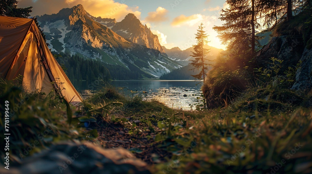 tourist tent camping in mountains at sunset - obrazy, fototapety, plakaty 