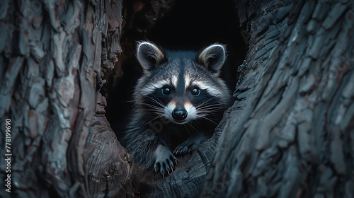 The image features a curious raccoon peering out from a hole in a tree, illuminated against a dark background.