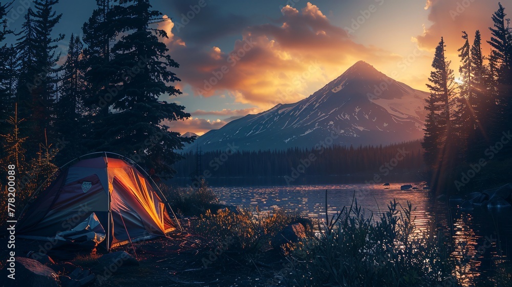 tourist tent camping in mountains at sunset - obrazy, fototapety, plakaty 