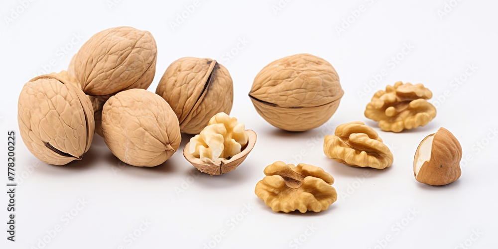 walnuts split open with leaves on the side isolated on a white summer backround сreated with Generative Ai walnuts split open with leaves on the side isolated on a white summer backround сreated with Generative Ai
