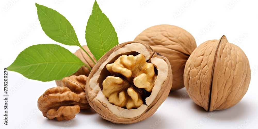 walnuts split open with leaves on the side isolated on a white summer backround сreated with Generative Ai walnuts split open with leaves on the side isolated on a white summer backround сreated with Generative Ai