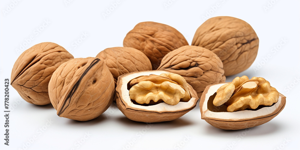 walnuts split open with leaves on the side isolated on a white summer backround сreated with Generative Ai walnuts split open with leaves on the side isolated on a white summer backround сreated with Generative Ai