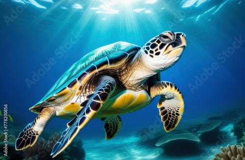 A turtle swims underwater in the blue sea. Wild aquatic animal © Inna