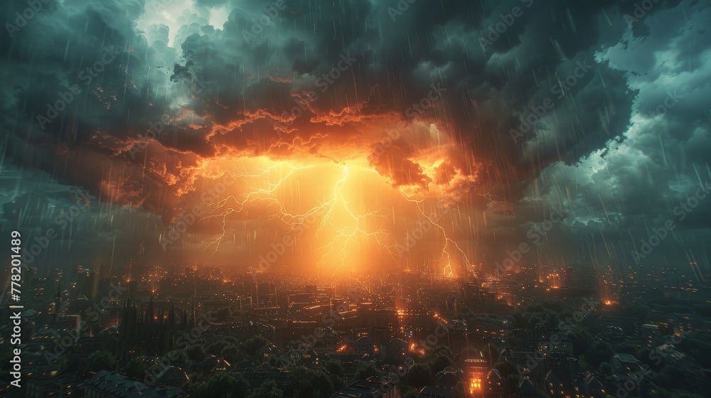 Epic 3D Animated Thunderstorm Engulfs Cityscape. Epic 3D Animated Thunderstorm Engulfs Cityscape.