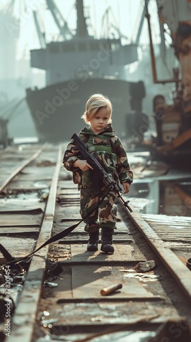 A four-year-old boy, Playing a SEAL., wearing camouflage uniforms, with a gun in his hand., Behind it is the ocean and ships., Simple color, Grand scene, panoramic, 
