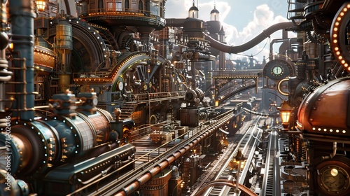 3D Steampunk City with Interactive Mechanical Elements. - Digital Art Illustration