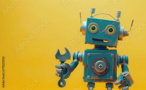 A futuristic robot holding tools, gears, technology, created with AI