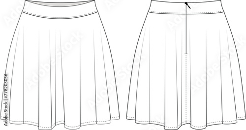 flared a line zippered mini skirt template technical drawing flat sketch cad mockup fashion woman design style model
