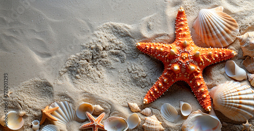 Sea, ocean landscape, many different shells, starfish and ocean inhabitants - AI generated image