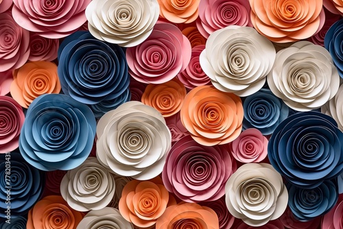 Multicolor rose floral wreath made from paper craft isolated on a simple background  aerial view. Generative AI.