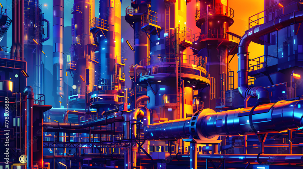 concept illustration of a factory on a dark blue background, a symbol of industry, engineering, and manufacturing.