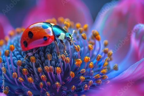 Ladybug on Anemone Flower in Vivid Colors
