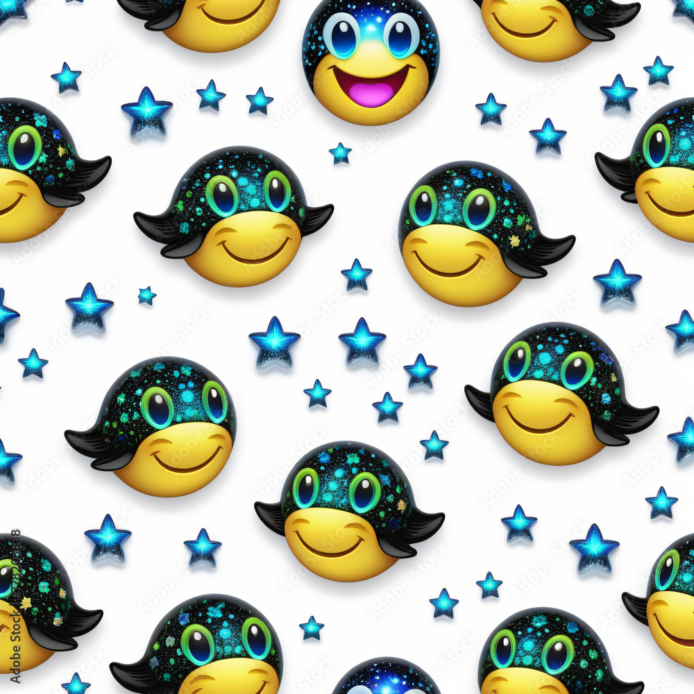 Seamless pattern with cute penguins and stars on white background